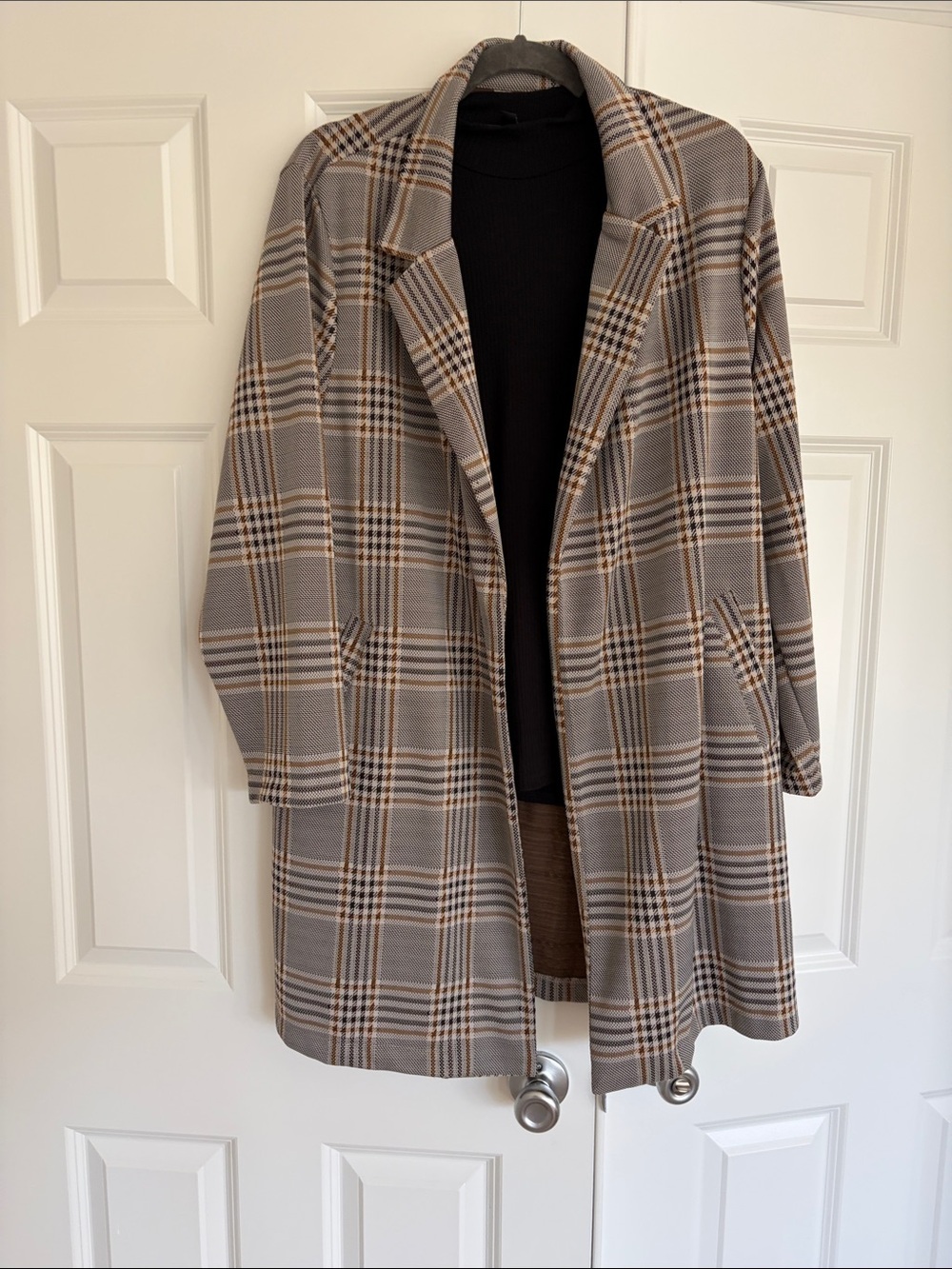 MELLODAY Plaid Open-Front Trench Coat in Gray and Brown 1x